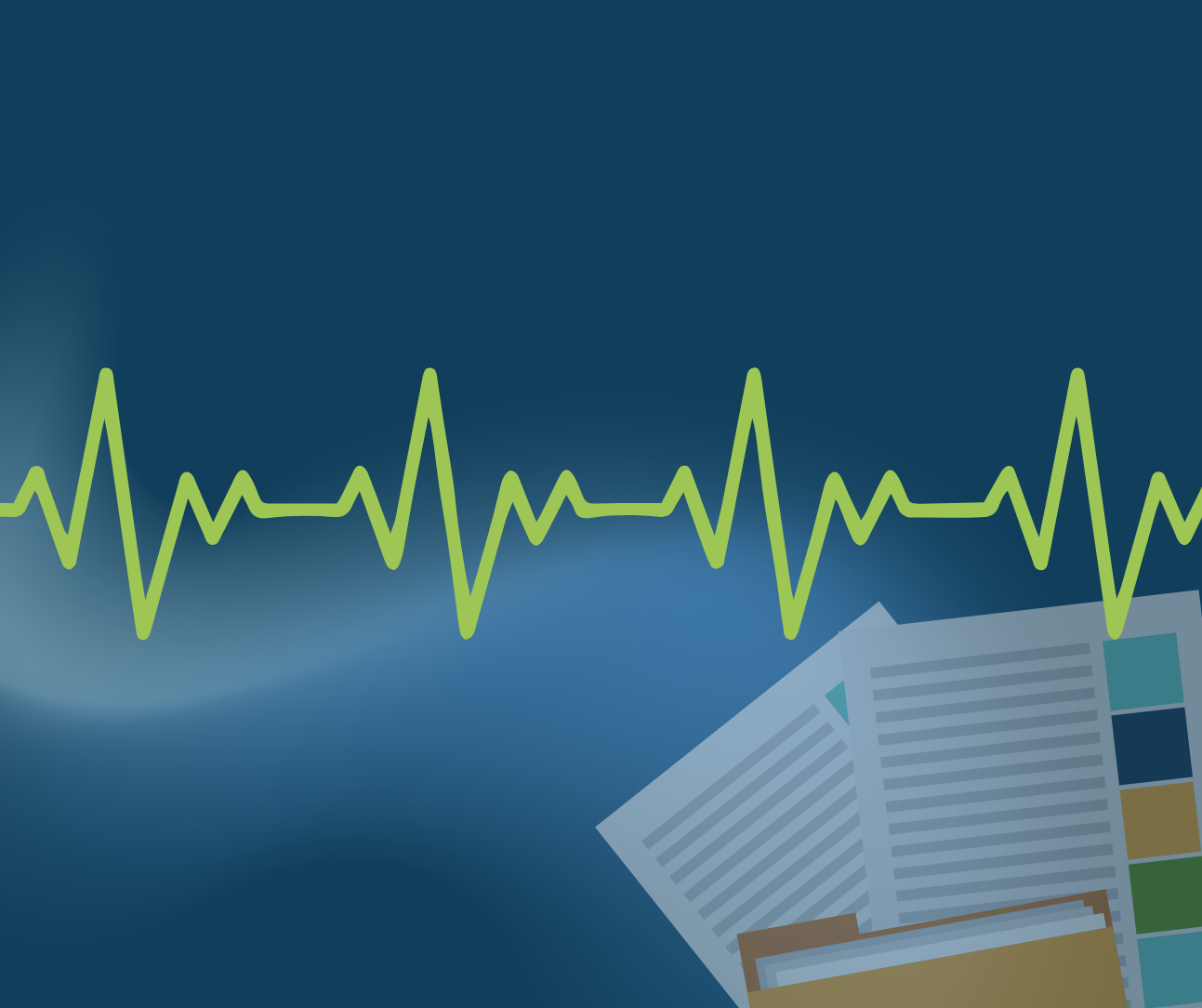 File folders in lower right, green pulse graphic on dark blue background with gradient accent.