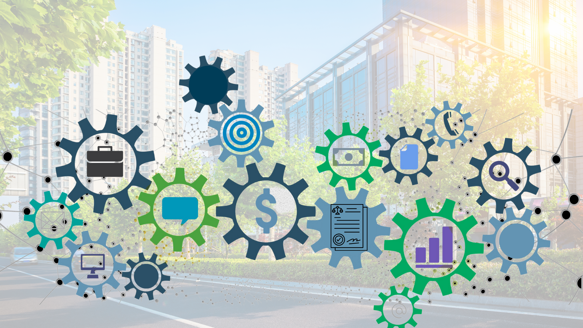 gears depicting graphs, money, file symbols, and documents connect together over a watermarked image of a city with sun shining from the right over the glass buildings