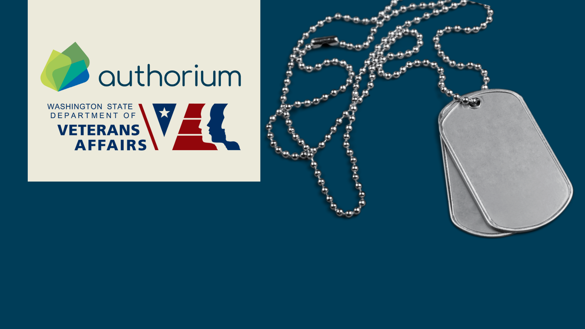 Authorium and WDVA logos with dogtags on a dark blue background